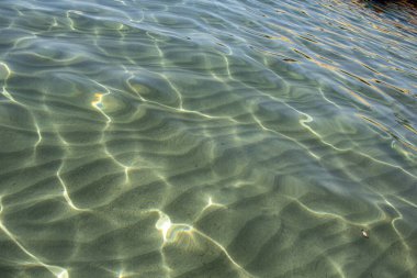 Mediterranean sandy seabed with ridges of sand and reflections on the water. Campello, Spain. High quality photo