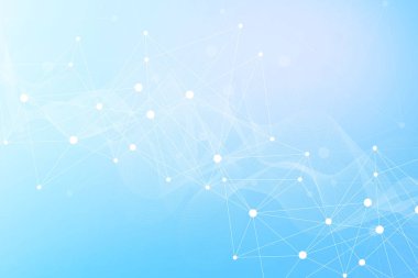 Bağlı çizgi ve noktalarla Geometrik soyut arkaplan. Yapı molekülü ve iletişim. Büyük Veri Görselleştirme. Tıp, teknoloji, bilim geçmişi. Vektör illüstrasyonu.