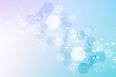 Bilimsel altıgen kalıbın modern fütüristik arka planı. Parçacık, tıbbi, teknoloji, kimya ve bilim için molekül yapısına sahip sanal soyut bir arka plan. Sosyal ağ vektörü