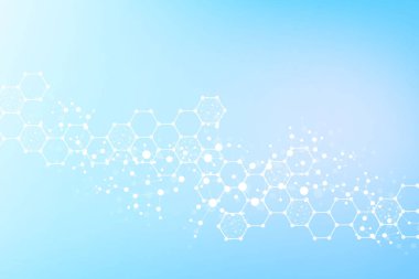 Yapı molekülü ve iletişim. DNA, atom, nöronlar. Tasarımınız için bilimsel bir kavram. Noktalarla birleştirilmiş çizgiler. Tıp, teknoloji, kimya, bilim geçmişi. Vektör illüstrasyonu.