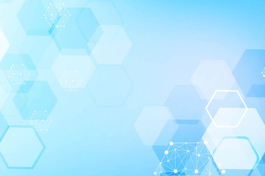 Bilimsel altıgen kalıbın modern fütüristik arka planı. Parçacık, tıbbi, teknoloji, kimya ve bilim için molekül yapısına sahip sanal soyut bir arka plan. Sosyal ağ vektörü