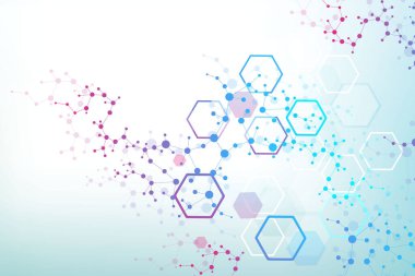 Bilimsel altıgen kalıbın modern fütüristik arka planı. Parçacık, tıbbi, teknoloji, kimya ve bilim için molekül yapısına sahip sanal soyut bir arka plan. Sosyal ağ vektörü