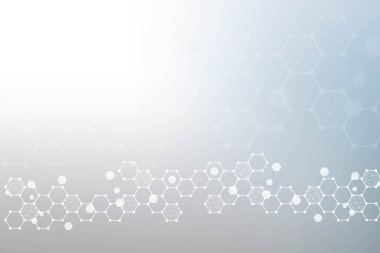 Bilim ağı şablonu, noktaları ve çizgileri birleştiriyor. Teknoloji altıgenlerin yapısı veya moleküler bağlantı elementleri.