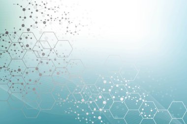 Yapı molekülü ve iletişim. DNA, atom, nöronlar. Tasarımınız için bilimsel bir kavram. Noktalarla birleştirilmiş çizgiler. Tıp, teknoloji, kimya, bilim geçmişi. Vektör illüstrasyonu