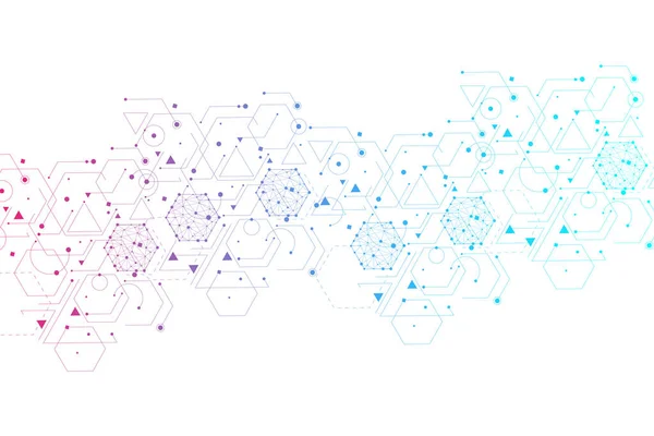 Vetenskap nätverk mönster, anslutande linjer och prickar. Teknik hexagoner struktur eller molekylära anslutningselement. — Stockfoto