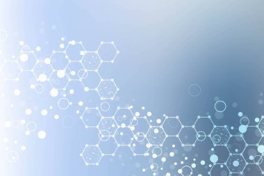 Yapı molekülü ve iletişim. DNA, atom, nöronlar. Tasarımınız için bilimsel bir kavram. Noktalarla birleştirilmiş çizgiler. Tıp, teknoloji, kimya, bilim geçmişi. Vektör illüstrasyonu