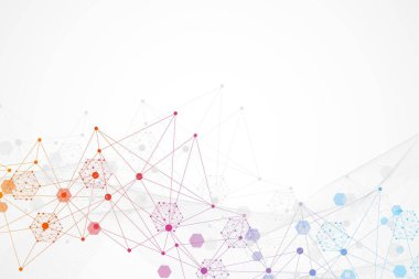 Bilim ağı şablonu, noktaları ve çizgileri birleştiriyor. Teknoloji altıgenlerin yapısı veya moleküler bağlantı elementleri.