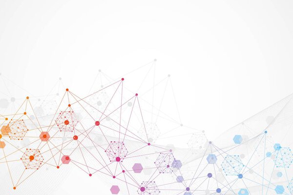 Science network pattern, connecting lines and dots. Technology hexagons structure or molecular connect elements.