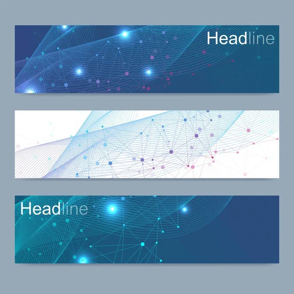 Ensemble scientifique de bannières vectorielles modernes. Structure des molécules d'ADN avec des lignes et des points connectés. Fond vectoriel scientifique. Médecine, technologie, chimie . — Image vectorielle