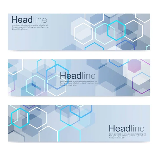 Ensemble scientifique de bannières vectorielles modernes. Structure des molécules d'ADN avec des lignes et des points connectés. Fond vectoriel scientifique. Médecine, technologie, chimie . — Image vectorielle
