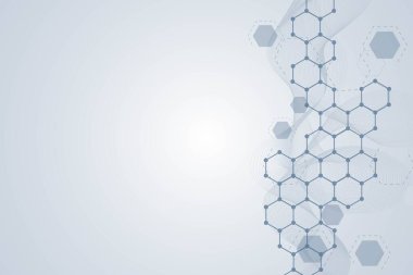 Bilim ağı şablonu, noktaları ve çizgileri birleştiriyor. Teknoloji altıgenlerin yapısı veya moleküler bağlantı elementleri.