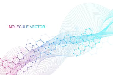 Yapı molekülü ve iletişim. DNA, atom, nöronlar. Tasarımınız için bilimsel bir kavram. Noktalarla birleştirilmiş çizgiler. Tıp, teknoloji, kimya, bilim geçmişi. Vektör illüstrasyonu.