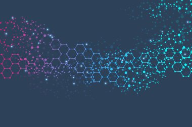 Bilimsel altıgen kalıbın modern fütüristik arka planı. Parçacık, tıbbi, teknoloji, kimya ve bilim için molekül yapısına sahip sanal soyut bir arka plan. Sosyal ağ vektörü.