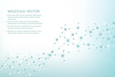 Yapı molekülü ve iletişim. DNA, atom, nöronlar. Tasarımınız için bilimsel bir kavram. Noktalarla birleştirilmiş çizgiler. Tıp, teknoloji, kimya, bilim geçmişi. Vektör illüstrasyonu.