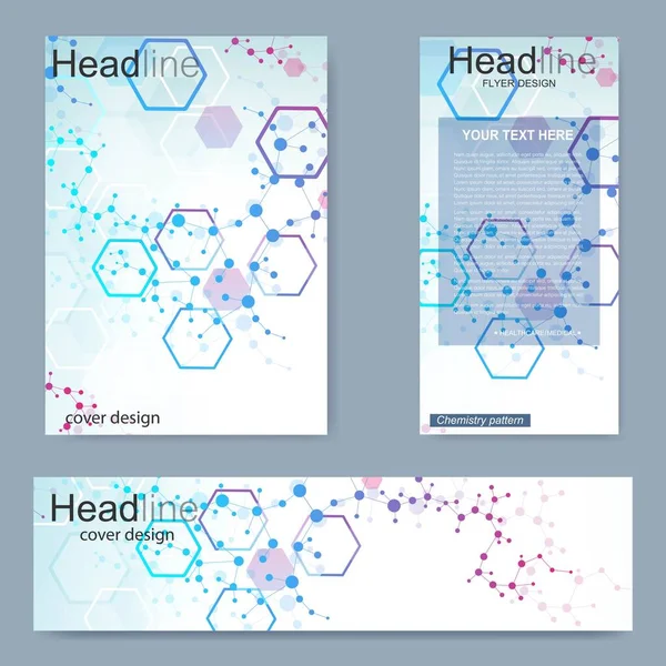 stock vector Set flyer, brochure size A4 template,banner. Molecular structure with connected lines and dots. Scientific pattern atom DNA with elements for magazine, leaflet, cover, poster design