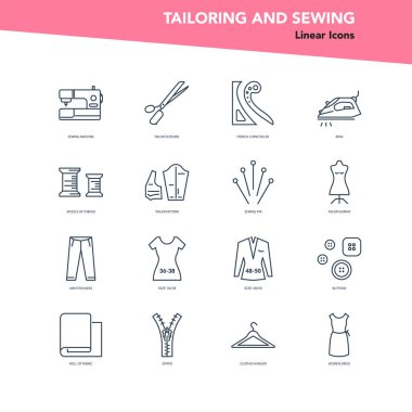 Tek satır dikiş ve terzilik simgelerini, ev tasarımında örgü işi için terzi araçlarını satır biçimi, vektör illüstrasyonunu ayarla.
