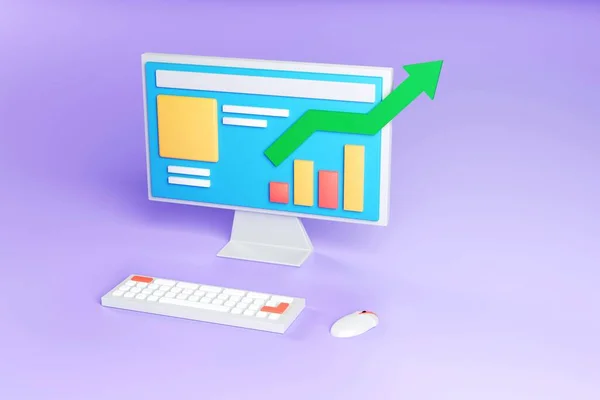 Infochart на екрані 3D ілюстрації рендеринга. Реалістичний комп'ютер зі стрілкою та діаграмою. Барвиста оптимізація та аналітика ілюстрація — стокове фото