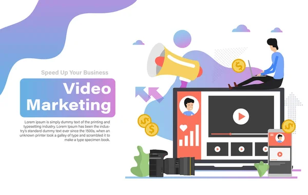 Banner vetorial de marketing de vídeo para landing page e negócios —  Vetores de Stock