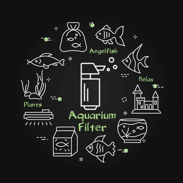Filtro de aquário conceito vetorial linear. Delineie ícones brancos no fundo escuro. ilustração cuidados com os peixes —  Vetores de Stock