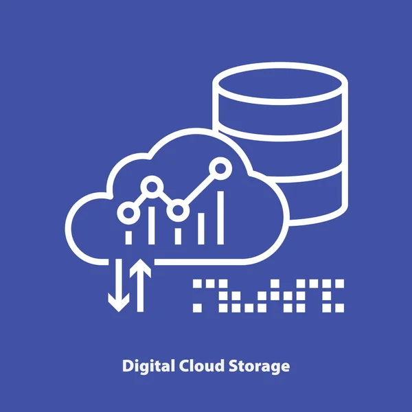Ícone linear vetor de armazenamento em nuvem digital. Pictograma de nuvem branca no fundo azul —  Vetores de Stock