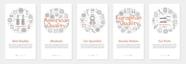 Red car parts white banners set for website and mobile app vector — ストックベクタ