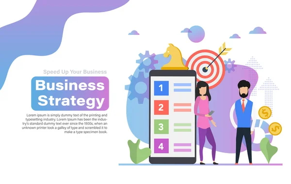 Business strategy flat vector illustration. Scene with man and woman near smartphone — Vector de stock