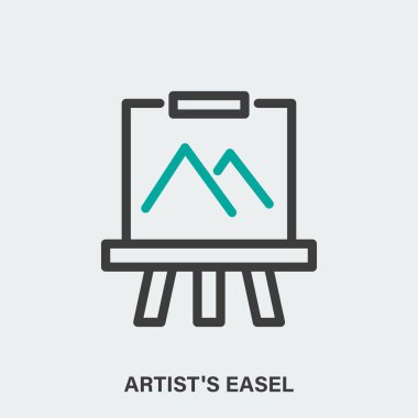 Basit doğrusal biçim vektör çizimi, dağların ressam sehpası ile gri arkaplan üzerinde çizimi