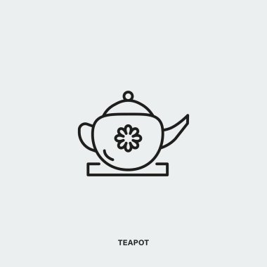Minimalist vector illustration of classic style teapot with flower and text against gray background