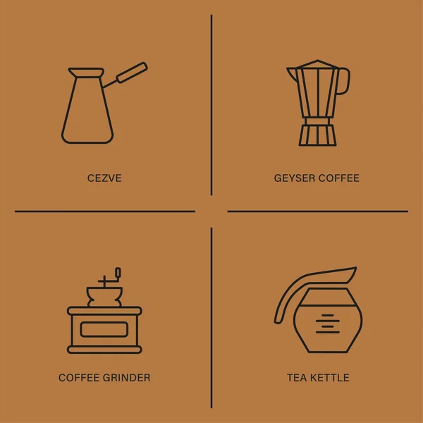 Outline Vector Illustration Set Cezve Geyser Coffeemaker Coffee Grinder Tea — Vector de stock