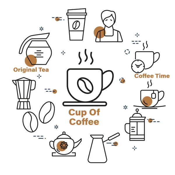 Cup Coffee Minimalistic Circle Design Linear Icons Set Frame White — Vector de stock