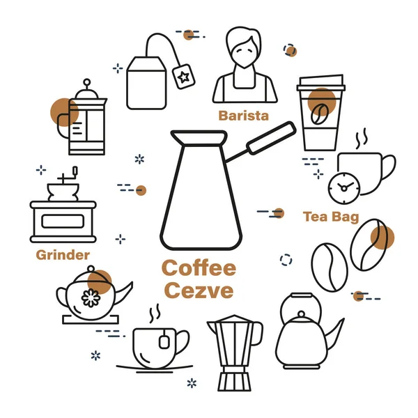 Vector Illustration Traditional Cezve Various Tea Coffee Icons Inscriptions White — Vector de stock