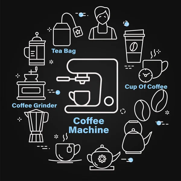 Vector Illustration Icons Coffee Machine Cup Grinder Barista Teabag Various — Vector de stock