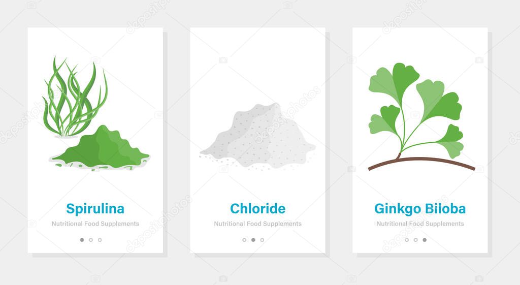 Nutritional food supplements vector onboarding templates. Isolated vertical banners with greens and powder illustration