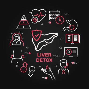 Creative vector illustration with various health care and daily routine icons surrounding Liver Detox inscription against black background