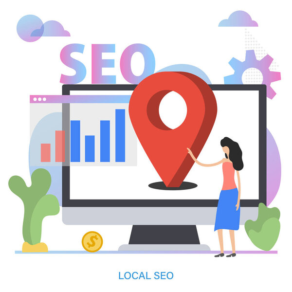 Локальная концепция SEO. Векторная иллюстрация с женщиной возле экрана и значка геолокации. Целевые исследования и продвижение идеи кампании
