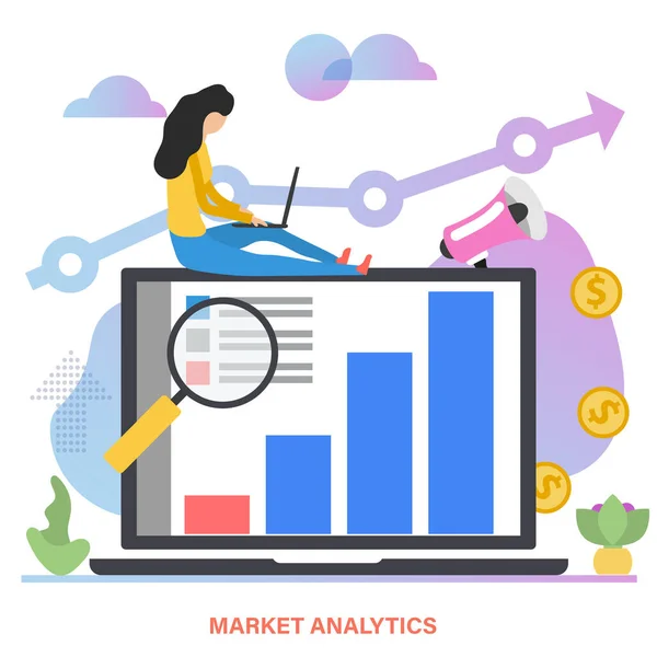 Wektorowa Płaska Ilustracja Bizneswoman Tworzących Analitykę Rynku Badania Seo Strategia — Wektor stockowy