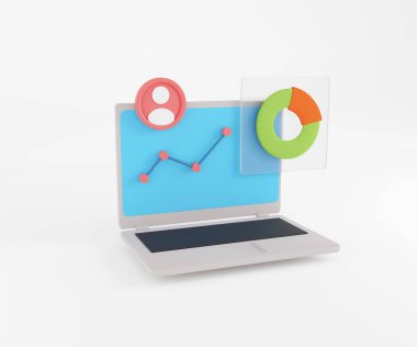 Ekranda beyaz arka planda iş için çizelgesi olan üç boyutlu dizüstü bilgisayar çizimi. 3B istatistik analizi oluşturucu