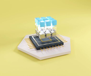 Sarı arka planda CPU 3D illüstrasyon. Donanım geliştirme için ışıklandırmalı fütürist mikroçip işlemcisi. Dijital iş dünyasının gelecekteki teknoloji kavramı.