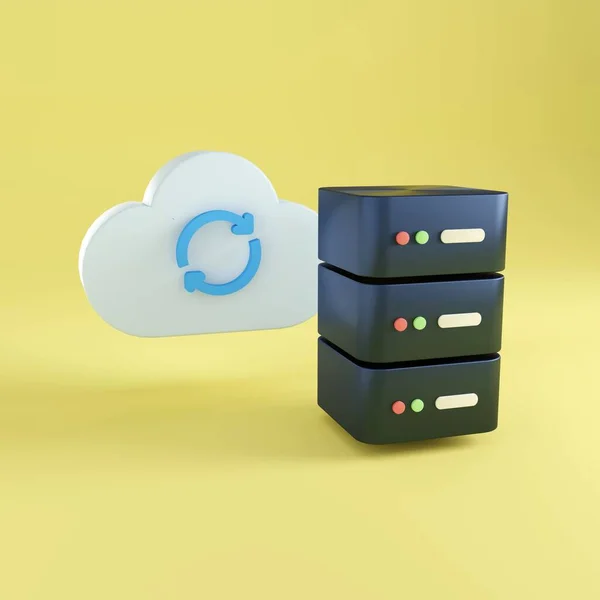Data server and cloud with refresh arrow sign 3d iillustration for cloud storage or file organization.