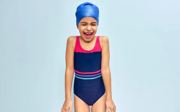 Studio Image Little Funny Happy Girl Swimsuit Isolated Blue Studio Stock Image