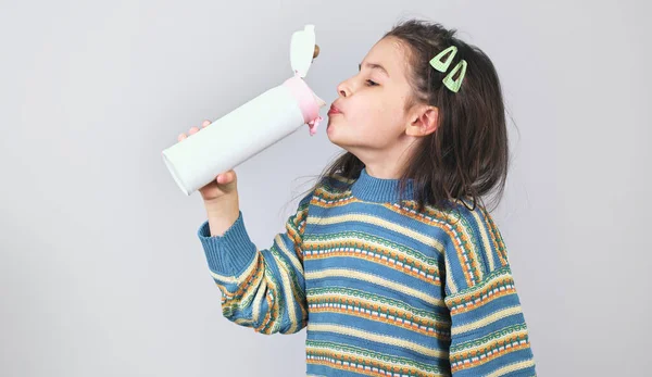 Side View Studio Portrait Cute Child Drinks Water White Reusable Fotografia De Stock