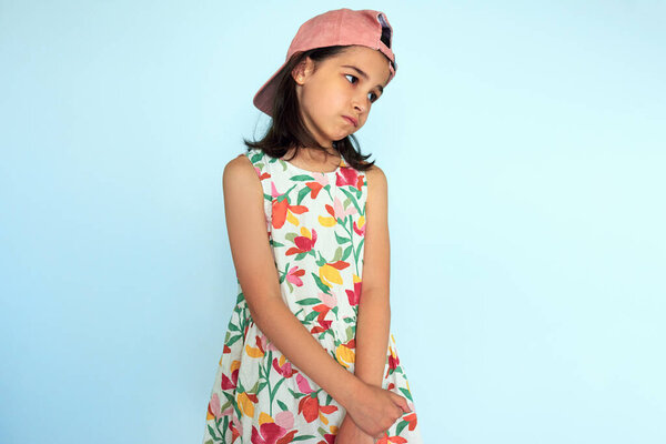 Image Frustrated Little Girl Has Upset Expression Posing Blue Studio Stock Image