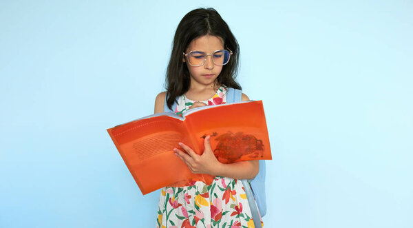 Horizontal Image Cute Little Girl Wearing Colorful Dress Eyeglasses Read Stock Photo