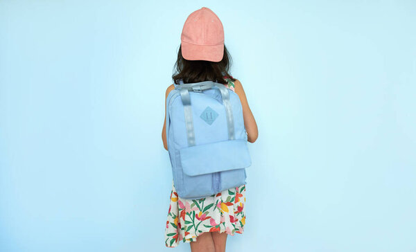 Rear View Kid Colorful Dress Pink Cap Blue Backpack Standing Royalty Free Stock Photos