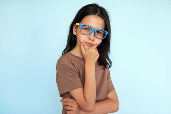 Portrait Thining Child Wearing Colorful Eyeglasees Looking Camera Posing Light Stock Image