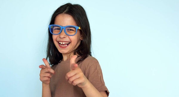 Positive Child Blue Yellow Eyeglasses Pointing Camera Fingers Happy Little Stock Image