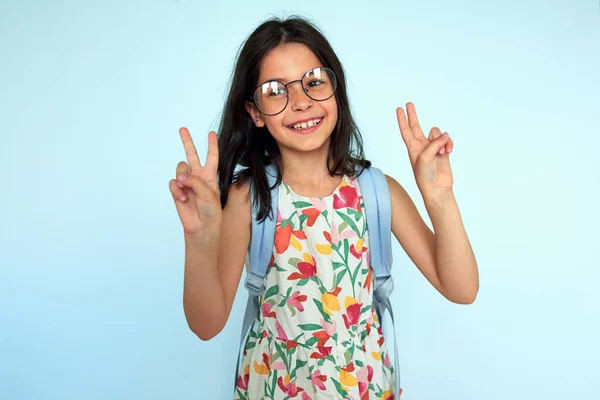 Studio Horizontal Image Happy Kid Wearing Colorful Dress Eyeglasses Blue Stockfoto