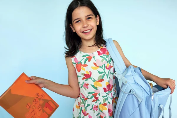 Cute Little Girl Wearing Dress Preparing Her Backpack Morning School Stockfoto