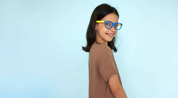 Horizontal Image Cute Smiling Child Wearing Brown Shirt Blue Eyeglasses 스톡 사진