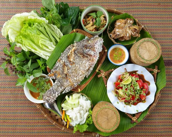 Isan Food Delicious Thailand Food Top View Warm Color Tone — Foto de Stock